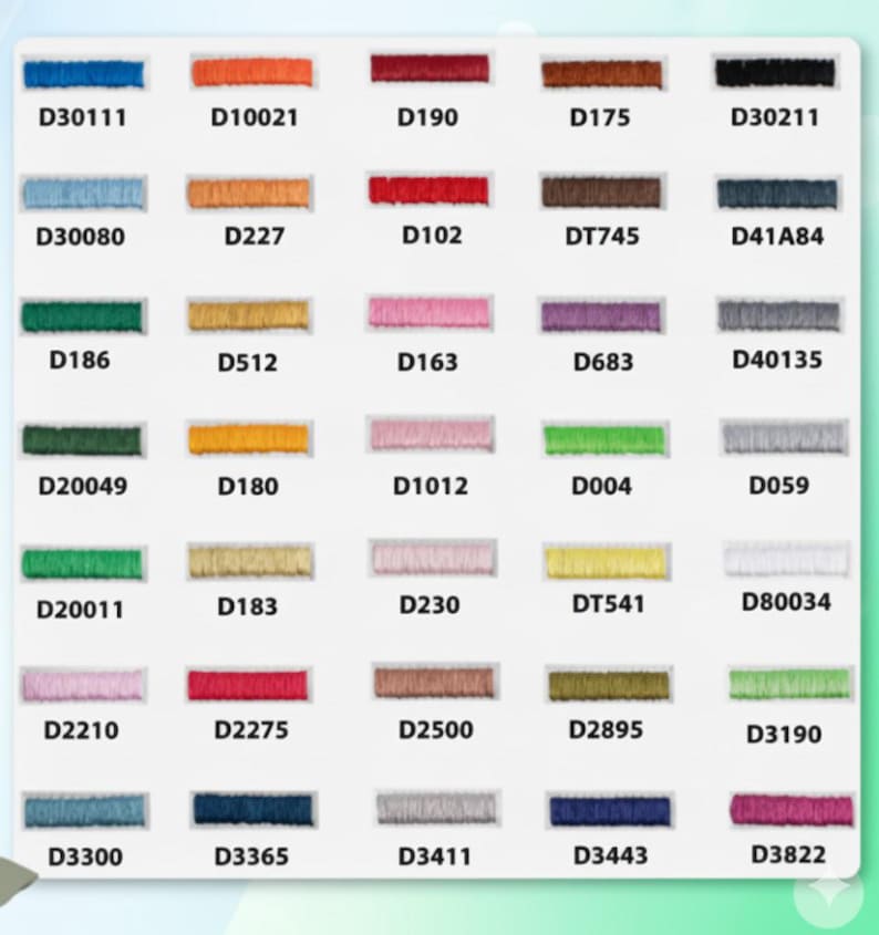 May include: A color chart of embroidery floss in various shades, including blues, greens, reds, pinks, and yellows. Each color is labeled with a unique code, such as D30111, D10021, and D190. The floss is neatly arranged.