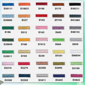 May include: A colour chart of embroidery floss in various shades, including blues, greens, reds, pinks, and yellows. Each colour is labelled with a unique code, such as D30111, D10021, and D190. The floss is neatly arranged.