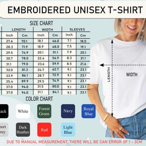 May include: A white t-shirt with a size chart and colour options. The size chart includes measurements in inches and centimetres for length, width, and sleeves. Colour options include black, white, forest green, navy, royal blue, sport grey, dark heather, red, and light blue.