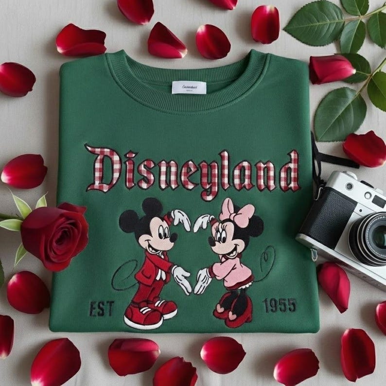 May include: Green sweatshirt with the word "Disneyland" in red plaid lettering. Features embroidered images of Mickey and Minnie Mouse. The sweatshirt is surrounded by red rose petals and a vintage camera.