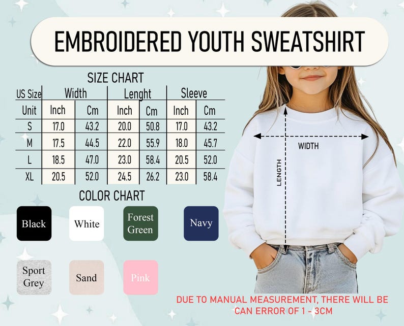 May include: A white embroidered youth sweatshirt is displayed with a size chart and colour chart. The size chart includes measurements in inches and centimetres. The colour chart shows black, white, forest green, navy, sport grey, sand, and pink.