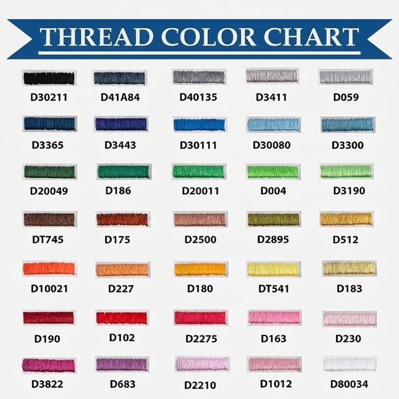 May include: A thread color chart with a blue banner that reads "THREAD COLOR CHART." The chart displays a variety of thread colors, each with a unique code. Colors range from dark blues and greens to oranges, pinks, and purples.