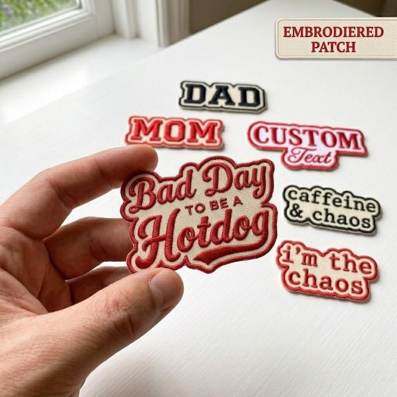 May include: A collection of embroidered patches with red and cream text. One patch held in the foreground reads 'Bad Day TO BE A Hotdog'. Other patches include 'DAD', 'MOM', 'CUSTOM Text', 'caffeine & chaos', and 'i'm the chaos' with a label reading 'EMBRODIERED PATCH'.