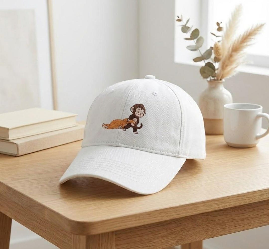 EMBROIDERED Punch Monkey Cap, Baby Monkey Holding Plush Toy Hat, Animal ...