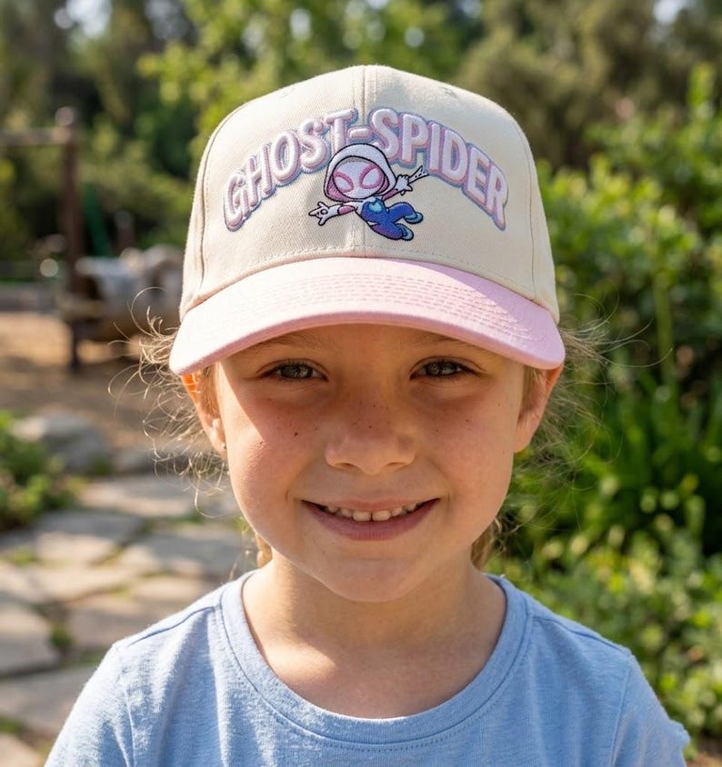 May include: A cream-colored baseball cap with a light pink brim. The front features an embroidered graphic of the character Ghost-Spider in a white, pink, and blue suit, with the text GHOST-SPIDER arched above in purple and white lettering.