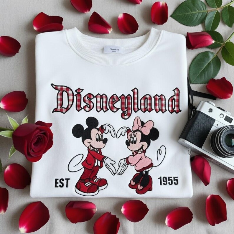 May include: White sweatshirt with "Disneyland" in red plaid lettering, featuring Mickey and Minnie Mouse. The design includes "EST 1955". The sweatshirt is surrounded by red rose petals and a vintage camera.