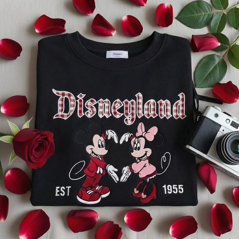 May include: Black sweatshirt with "Disneyland" in a plaid font, featuring Mickey and Minnie Mouse forming a heart. The sweatshirt has "EST 1955" below the characters. Red rose petals and a camera surround the sweatshirt.