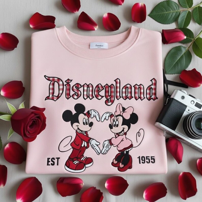 May include: A light pink Disneyland sweatshirt featuring Mickey and Minnie Mouse forming a heart with their hands. The word "Disneyland" is in a plaid font. The sweatshirt has the text "EST 1955". Red rose petals and a camera surround the sweatshirt.