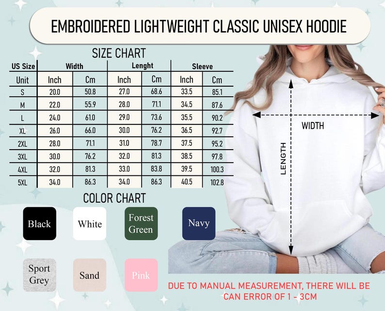 May include: White embroidered lightweight classic unisex hoodie. The image includes a size chart with measurements in inches and centimetres, and a colour chart with options like black, white, and navy. The text on the image says "EMBROIDERED LIGHTWEIGHT CLASSIC UNISEX HOODIE".