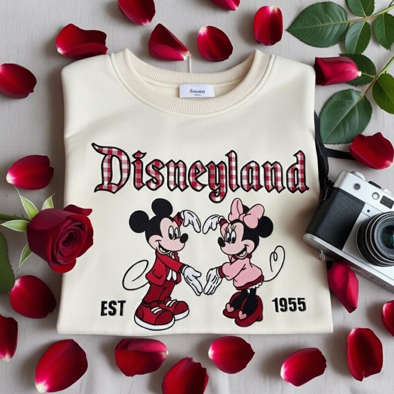 May include: Cream-colored sweatshirt featuring the word "Disneyland" in a red plaid font, with Mickey and Minnie Mouse illustrations. The design includes the text "EST 1955". The sweatshirt is surrounded by red rose petals and a vintage camera.