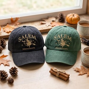 BRODERAD Salem Massachusetts-hatt, Hocus Pocus Halloween-keps, Sanderson Sisters häxpappahatt, höst-Salem-gåva