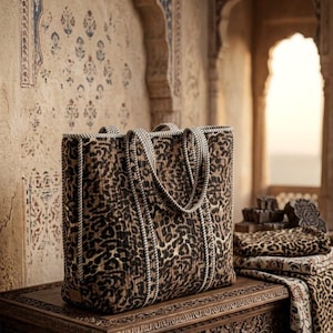 Puede incluir: Un bolso tote rectangular con un estampado de leopardo en tonos marrones y negros. El bolso cuenta con dos asas de tela a juego y está confeccionado con un ribete grueso de cuerda trenzada en blanco y negro en las costuras verticales y bordes.