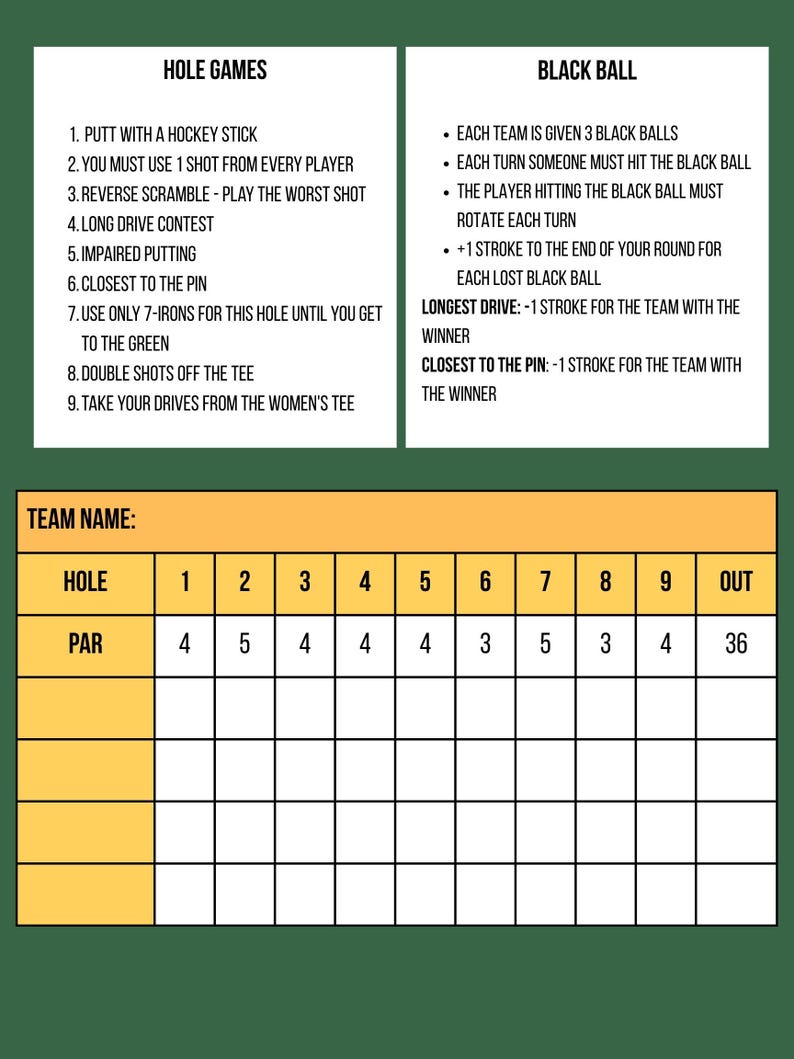 Golf Scramble Scorecard, Game Rules and Team Listing - Etsy