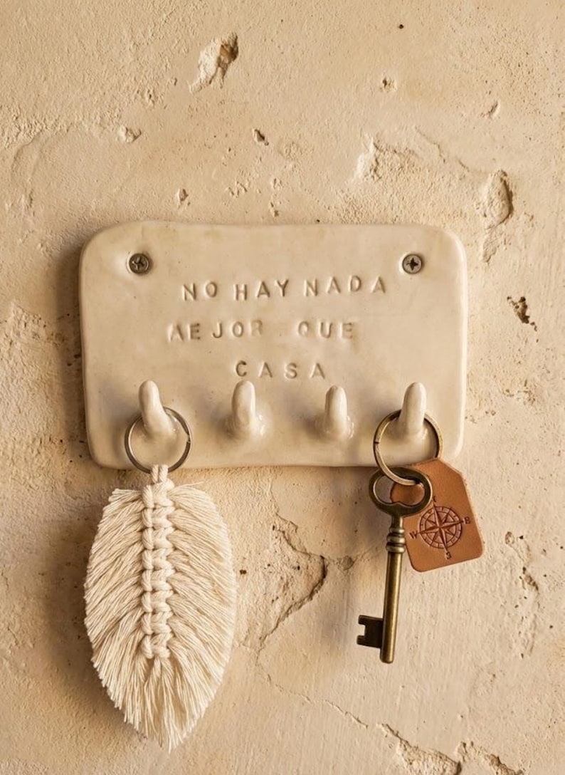 Handmade Ceramic Key Holder | 4 Hook Wall Key Organizer | Custom Text ...