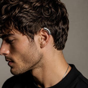 May include: A silver-toned ear cuff featuring a segmented, cylindrical design that wraps around the upper cartilage of the ear. The piece has a smooth, metallic finish and consists of multiple connected curved sections that form a continuous band.