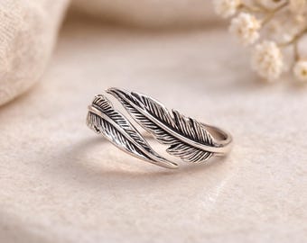 925 Sterling Silver Black Oxidised Ring – Adjustable Feather Vintage Statement Ring