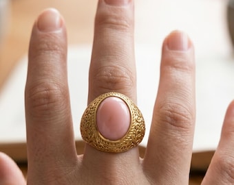 Vintage Gold Statement Ring, Pink Stone, Intricate Boho Band