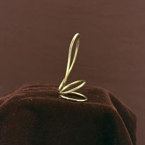 May include: A gold-colored, abstract ring with a flowing, open design. The ring features three connected loops that curve upwards, creating a unique and modern aesthetic. The ring is displayed on a dark brown, textured surface.