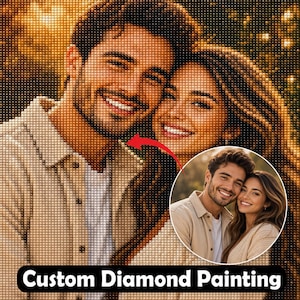 May include: A custom diamond painting kit featuring a pixelated portrait of a smiling couple. The image shows a man in a beige shirt and a woman with long brown hair, with a circular inset displaying the original photograph and the text Custom Diamond Painting.