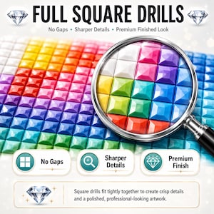 May include: A diamond painting kit featuring full square drills in a vibrant rainbow gradient. A magnifying glass highlights the tight fit of the colorful square tiles. Text includes FULL SQUARE DRILLS, No Gaps, Sharper Details, and Premium Finished Look.