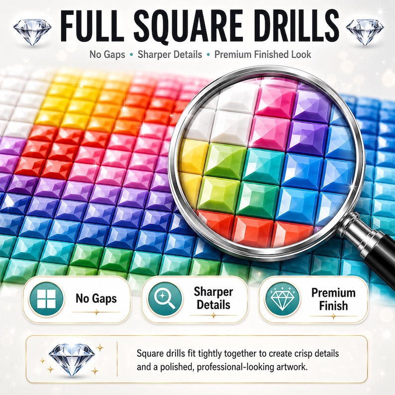 May include: A diamond painting kit featuring full square drills in a vibrant rainbow gradient. A magnifying glass highlights the tight fit of the colorful square tiles. Text includes FULL SQUARE DRILLS, No Gaps, Sharper Details, and Premium Finished Look.