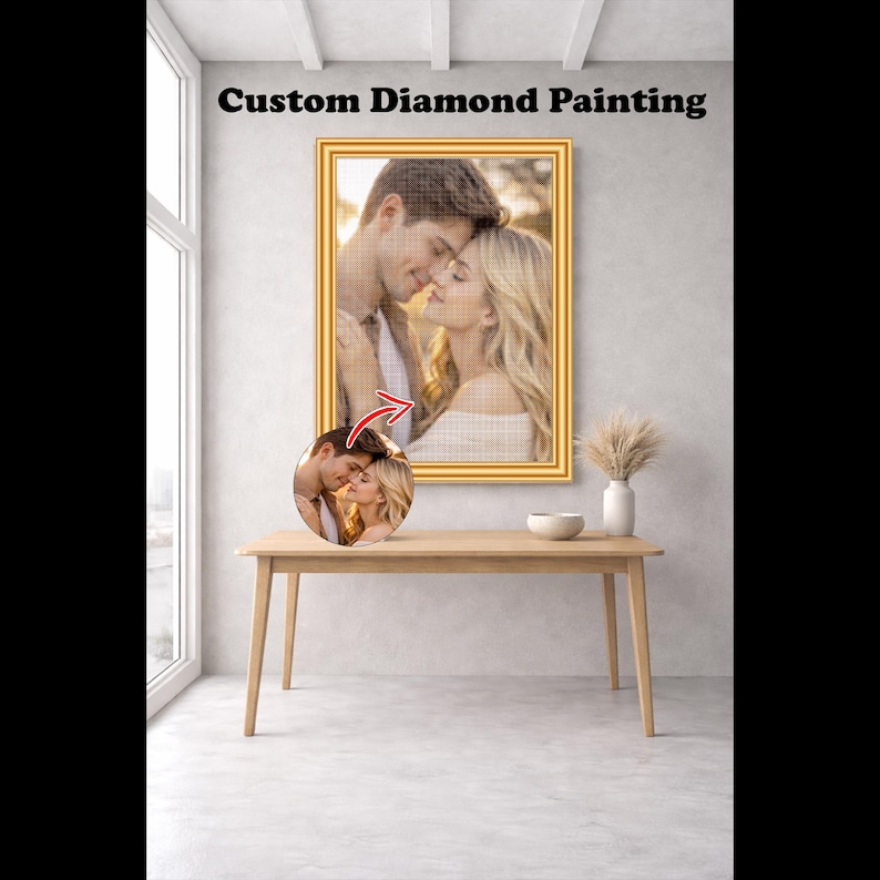 May include: A framed custom diamond painting featuring a couple kissing, with a smaller circular image of the same couple. The painting is in a gold frame, and the text "Custom Diamond Painting" is at the top.