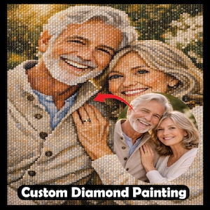 May include: A diamond painting of a smiling older couple, with a smaller inset image of the same couple. The painting is made of small, colorful beads, and the text "Custom Diamond Painting" is at the bottom.