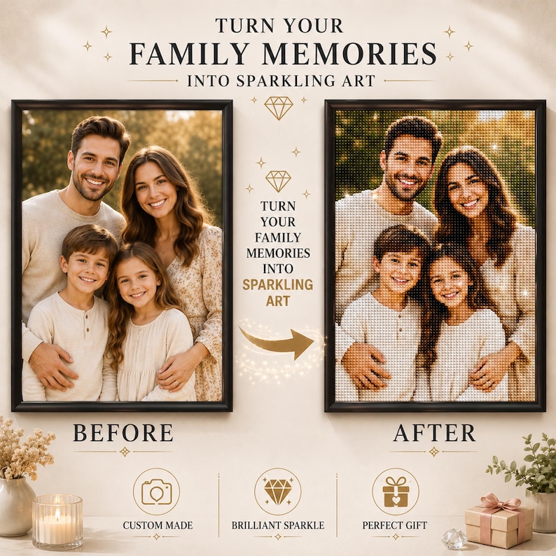 May include: A side-by-side comparison of a family photograph and its diamond painting version. The text reads: TURN YOUR FAMILY MEMORIES INTO SPARKLING ART, BEFORE, AFTER, CUSTOM MADE, BRILLIANT SPARKLE, and PERFECT GIFT. The art features a family.