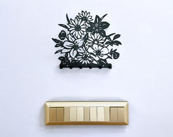 Flower Bouquet Metal Wall Key Holder – Handmade Key Rack for Entryway, Home Decor, Modern Steel Key Hanger with Adhesive or Screws