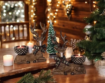 Reindeer Candle Holder Set – Rustic & Modern Tealight Holder, 18cm Handmade Polyester Decor, Christmas Centerpiece