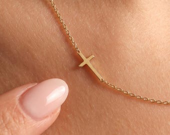 Solid Gold Sideways Cross Necklace, 10K 14K 18K Off Center Cross Pendant, Dainty Real Gold Christian Jewelry, Baptism Gift for Her