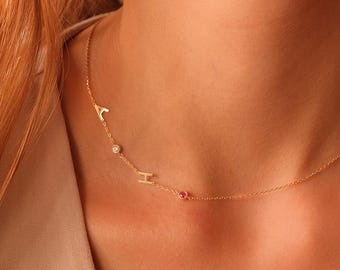 Sideways Initial Necklace with Birthstone: Dainty Minimalist Sterling Silver Personalized Jewelry