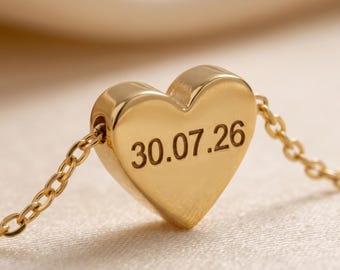 Custom Solid Gold Heart Necklace, Personalized Engraved Name Date Symbol Pendant, Dainty Tiny Initial Heart Jewelry, Christmas Gift for Her