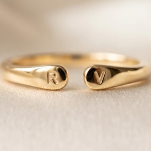 Solid Gold Two Initial Ring, Personalised Open Cuff Ring, Dainty Double Initial Gold Ring, Christmas Gift for Her, Custom Letter Ring
