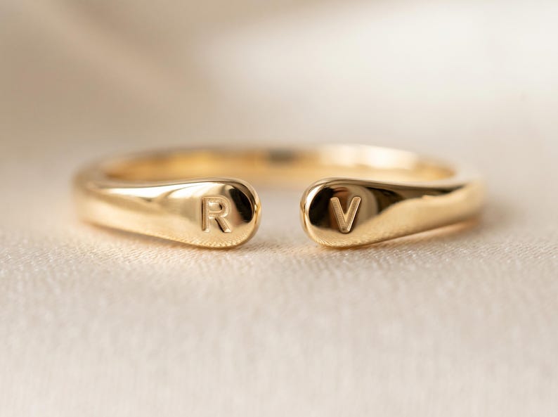 Solid Gold Two Initial Ring, Personalised Open Cuff Ring, Dainty Double Initial Gold Ring, Christmas Gift for Her, Custom Letter Ring