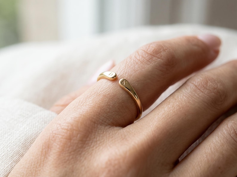 Solid Gold Two Initial Ring, Personalised Open Cuff Ring, Dainty Double Initial Gold Ring, Christmas Gift for Her, Custom Letter Ring