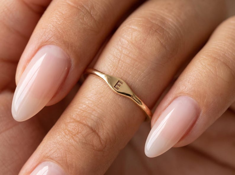 Solid Gold Initial Ring, Personalized Letter Ring, Dainty Signet Ring, Custom Letter Gold Jewelry, Minimalist Stacking Ring, Christmas Gift