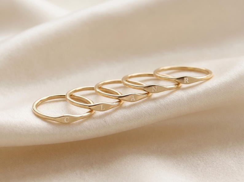 Solid Gold Initial Ring, Personalized Letter Ring, Dainty Signet Ring, Custom Letter Gold Jewelry, Minimalist Stacking Ring, Christmas Gift