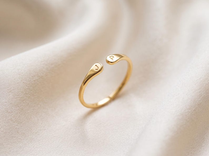 Solid Gold Two Initial Ring, Personalised Open Cuff Ring, Dainty Double Initial Gold Ring, Christmas Gift for Her, Custom Letter Ring
