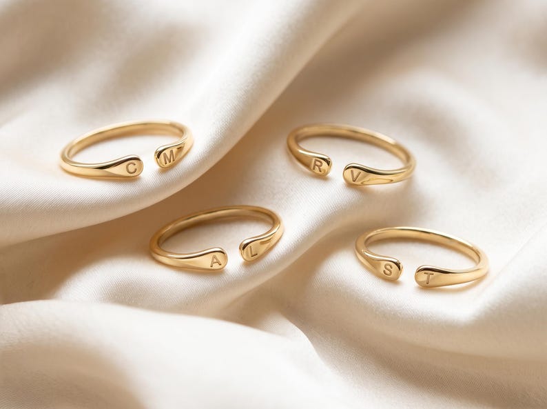 Solid Gold Two Initial Ring, Personalised Open Cuff Ring, Dainty Double Initial Gold Ring, Christmas Gift for Her, Custom Letter Ring