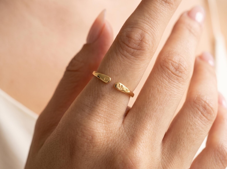 Solid Gold Two Initial Ring, Personalised Open Cuff Ring, Dainty Double Initial Gold Ring, Christmas Gift for Her, Custom Letter Ring