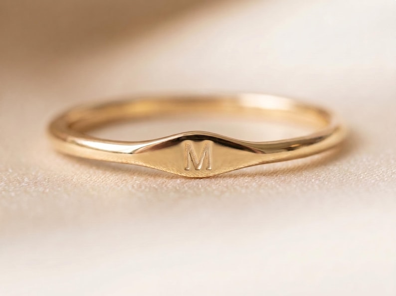 Solid Gold Initial Ring, Personalized Letter Ring, Dainty Signet Ring, Custom Letter Gold Jewelry, Minimalist Stacking Ring, Christmas Gift