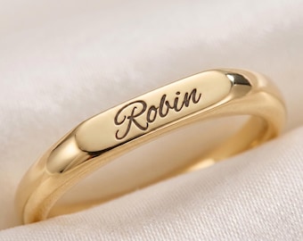 Personalized Name Ring in Solid Gold, Custom Engraved Oval Bar Ring, Christmas Gift for Her, Minimalist Signet Ring for Women