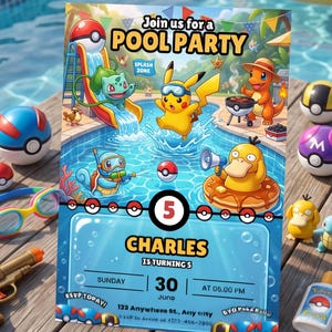 Può includere: Un colorato invito a una festa in piscina con personaggi dei cartoni animati e una scena in piscina. L'invito recita "Join us for a Pool Party" ed è per il 5° compleanno di Charles, con data e ora indicate. Sono presenti anche varie decorazioni a tema.