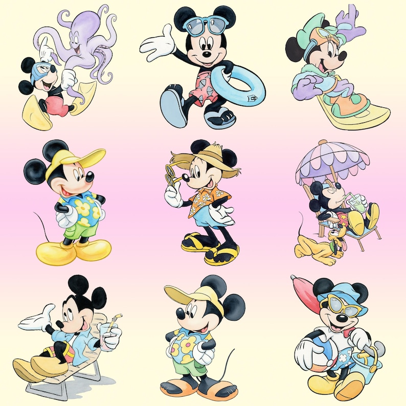 May include: A collection of nine illustrations featuring Mickey Mouse in various summer vacation activities, including swimming with an octopus, wearing sunglasses, using a pool float, relaxing in a beach chair, and playing with a beach ball.