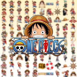 May include: A collection of One Piece stickers featuring a central illustration of Monkey D. Luffy wearing a straw hat, positioned above the blue One Piece logo. The background is filled with numerous smaller, varied character stickers.