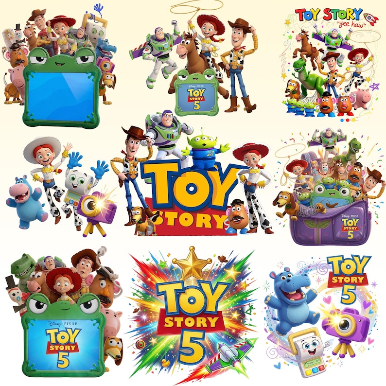 May include: A collection of Toy Story 5 graphic illustrations featuring characters like Woody, Buzz Lightyear, Jessie, and Rex. The designs include colorful text, a green frog-shaped frame, a purple backpack, and a starburst background element.