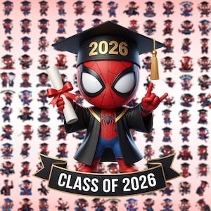 Puede incluir: Ilustración de graduación con Spider-Man con birrete con "2026", toga negra y diploma con lazo rojo. La pancarta dice "CLASS OF 2026". El fondo muestra múltiples figuras de Spider-Man.