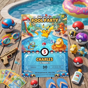May include: A colorful pool party invitation featuring Pok&eacute;mon characters, a pool, and a donut float. The invitation includes the text "Join us for a Pool Party" and details for a 5th birthday celebration.