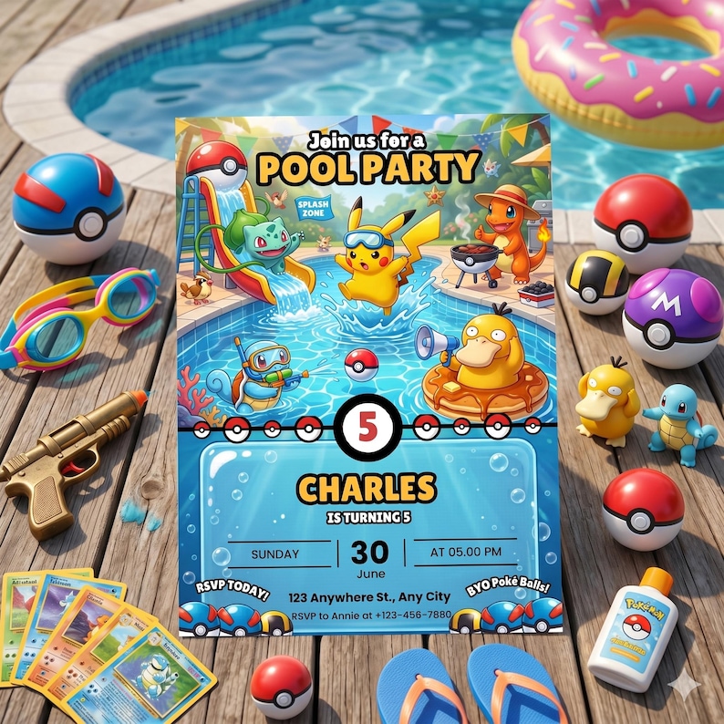 May include: A colorful pool party invitation featuring Pok&eacute;mon characters, a pool, and a donut float. The invitation includes the text "Join us for a Pool Party" and details for a 5th birthday celebration.